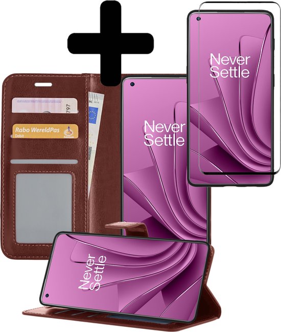 Hoesje Geschikt voor OnePlus 10 Pro Hoesje Book Case Hoes Wallet Cover Met Screenprotector - Hoes Geschikt voor OnePlus 10 Pro Hoesje Bookcase Hoes - Bruin