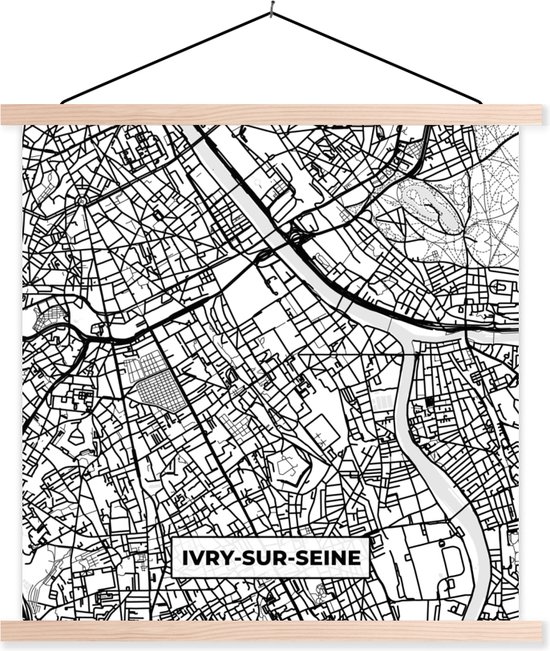 Porte-affiche avec Affiche - Affiche scolaire - Plan - Plan de ville - France - Carte - Ivry-sur-Seine - Zwart et blanc - 120x120 cm - Lattes vierges
