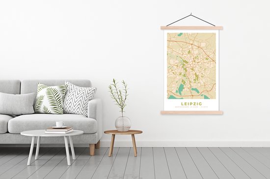 Posterhanger incl. Poster 120x180 cm - Schoolplaat - Plattegrond - Leipzig - Vintage - Kaart - Stadskaart - Textielposter - Blanke latten - Stadskaart