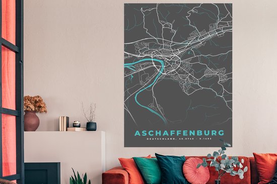 Poster City Map – Map – Aschaffenburg – Blauw – Allemagne – Map - 120x180 cm XXL
