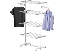 Droogrek - Wasrek - Wasdroogrek - Droogtoren - Waslijn uittrekbaar - Verrijdbaar - Inklapbaar - 4 niveaus - H172 cm