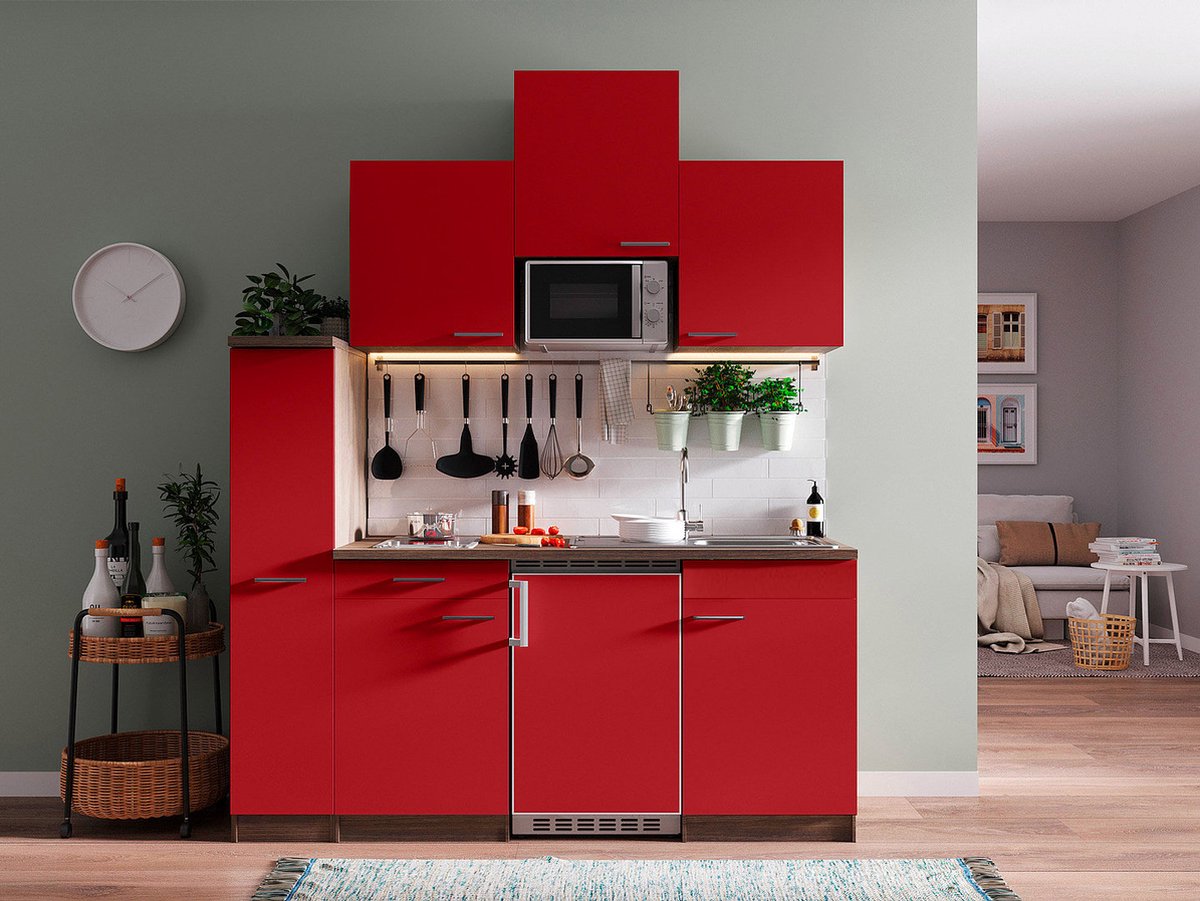 Respekta Goedkope keuken 180 cm complete kleine keuken met apparatuur Oliver Donker eiken Rood keramische kookplaat koelkast magnetron mini keuken compacte keuken keukenblok met apparatuur