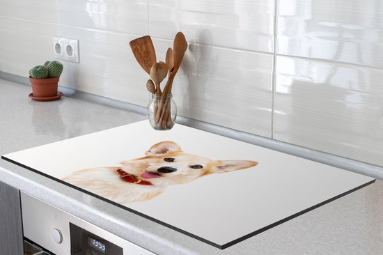 KitchenYeah® Inductie beschermer 81.6x52.7 cm - Corgi met halsband op witte achtergrond - Kookplaataccessoires - Afdekplaat voor kookplaat - Inductiebeschermer - Inductiemat - Inductieplaat mat