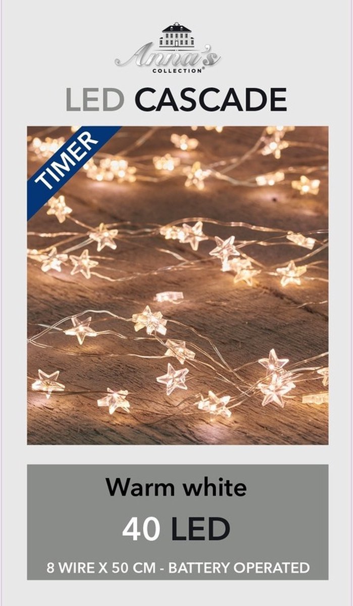 Anna's Collection Kerst cascadeverlichting - 2x - 40 lampjes warm wit - timer - 8x 50 cm - voor binnen