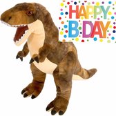 Pluche knuffel Dino T-rex 25 cm met grote A5-size Happy Birthday wenskaart - Verjaardag cadeau setje - Een knuffel sturen