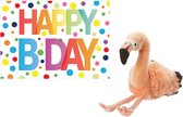 Pluche knuffel flamingo 18 cm met A5-size Happy Birthday wenskaart - Verjaardag cadeau setje - Een knuffel sturen
