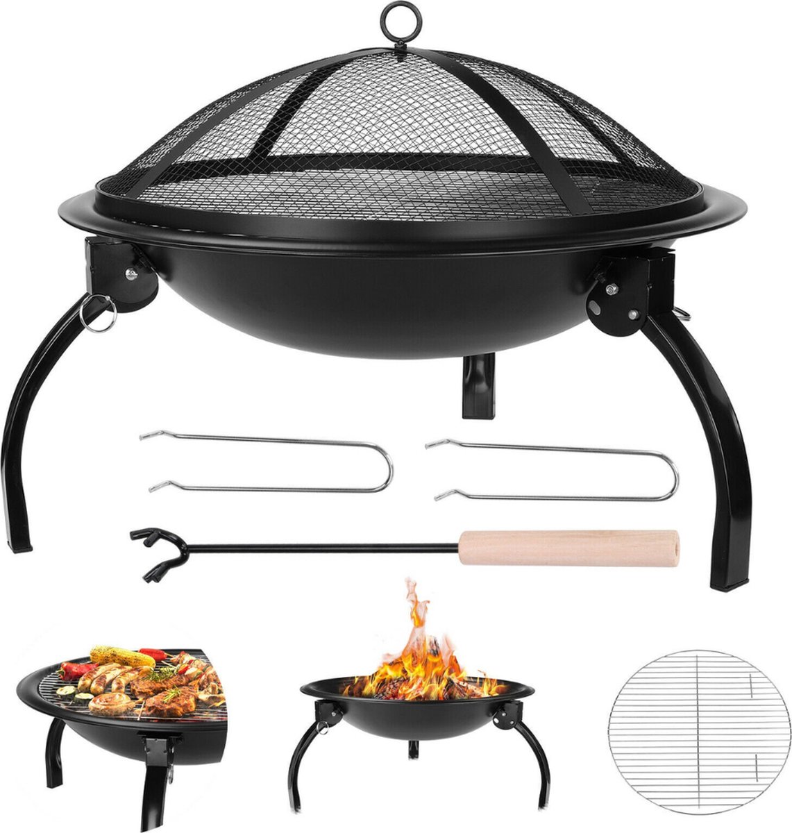 BBQ Collection 3-in-1 Vuurkorf en Grillplaat - Tuinhaard 61 x 90 cm - met Teppanyaki Bakplaat - Plancha BBQ met Brandhout Opslagplaats - Vuurkorf voor Buiten - Metaal