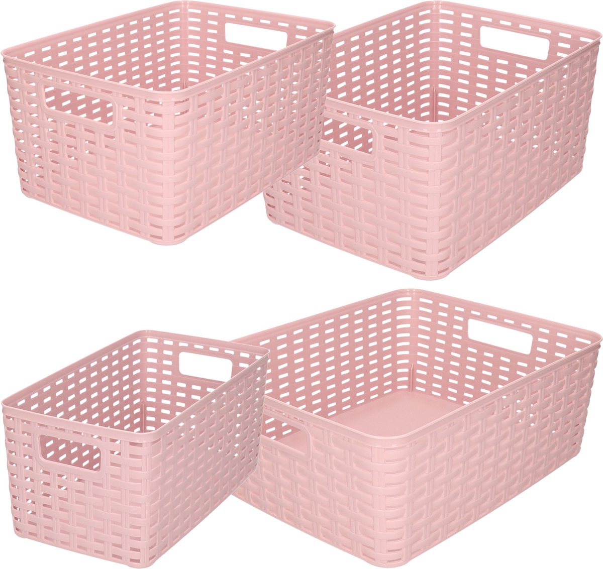 Opbergboxen / opbergmandjes set - 4x stuks - rotan kunststof - roze - met inhoud 5/10/12/18 liter