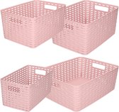 Set van 4x stuks opbergboxen/opbergmandjes rotan oud roze kunststof met inhoud 5/10/12/18 liter