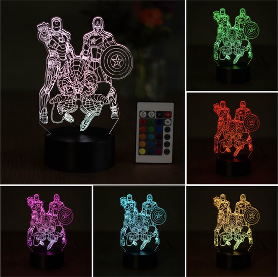 Klarigo®️ Nachtlamp – 3D LED Lamp Illusie – 16 Kleuren – Bureaulamp – Marvel – Sfeerlamp Ironman - Avengers - Spiderman – Nachtlampje Kinderen – Creative lamp - Afstandsbediening