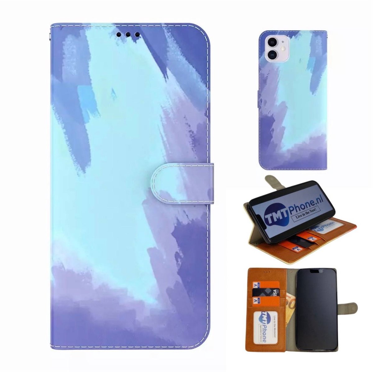 Samsung Galaxy S21-5G / S21 - Ultra Bescherming - Winter Blue - Aquarel - Edge to Edge - Vloeibare Kunstleer - Telefoon Bookcase met 3x kaarthouder