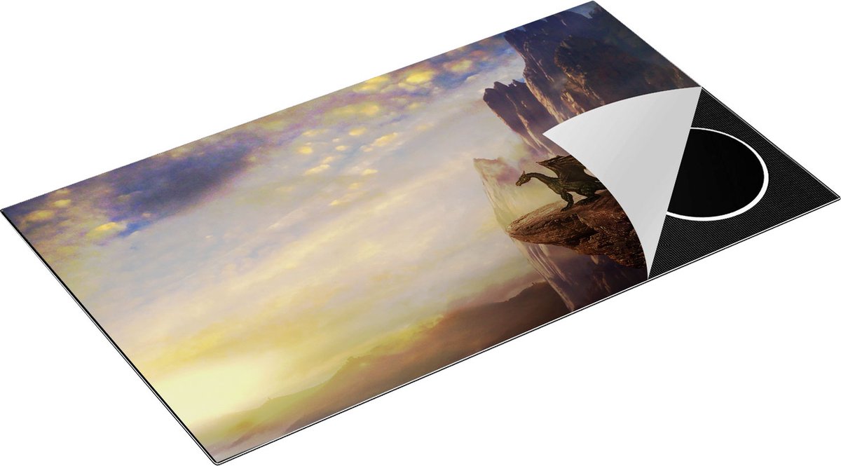 Chefcare Inductie Beschermer Draak op een Rots bij Zonsondergang - 90x52 cm - Afdekplaat Inductie - Kookplaat Beschermer - Inductie Mat