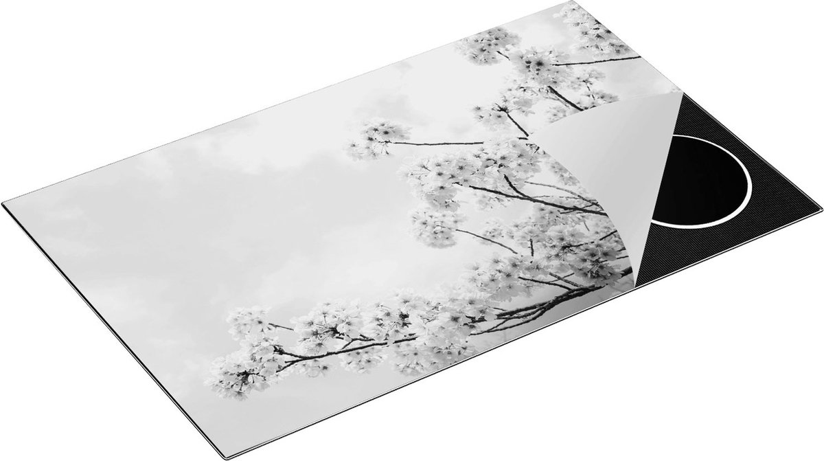 Chefcare Inductie Beschermer Roze Bloesemboom - Bloemen - Zwart Wit - 85x52 cm - Afdekplaat Inductie - Kookplaat Beschermer - Inductie Mat