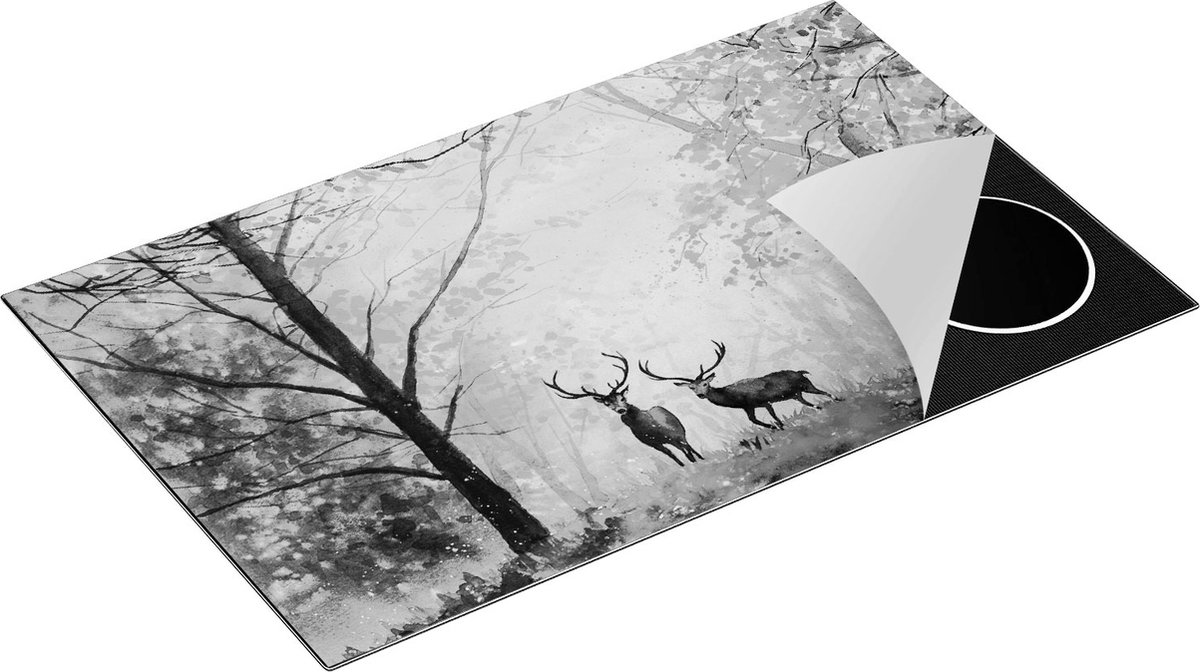 Chefcare Inductie Beschermer Getekende Herten in het Bos - Herfst - Zwart Wit - 85x50 cm - Afdekplaat Inductie - Kookplaat Beschermer - Inductie Mat