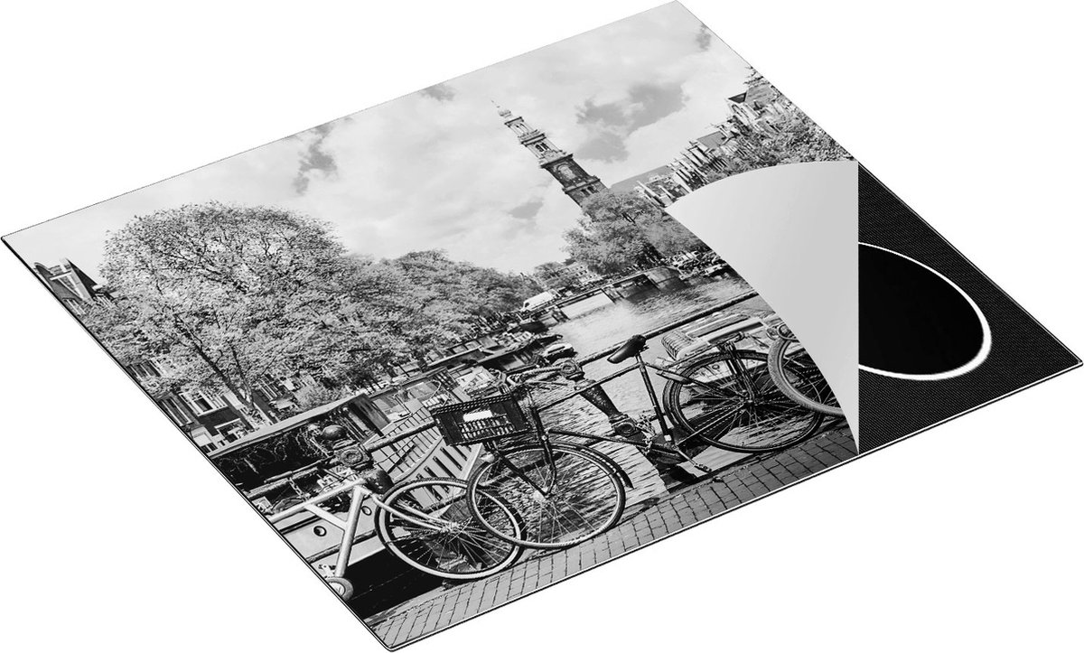 Chefcare Inductie Beschermer Amsterdamse Brug bij een Brug met Fietsen - Zwart Wit - 58,3x51,3 cm - Afdekplaat Inductie - Kookplaat Beschermer - Inductie Mat
