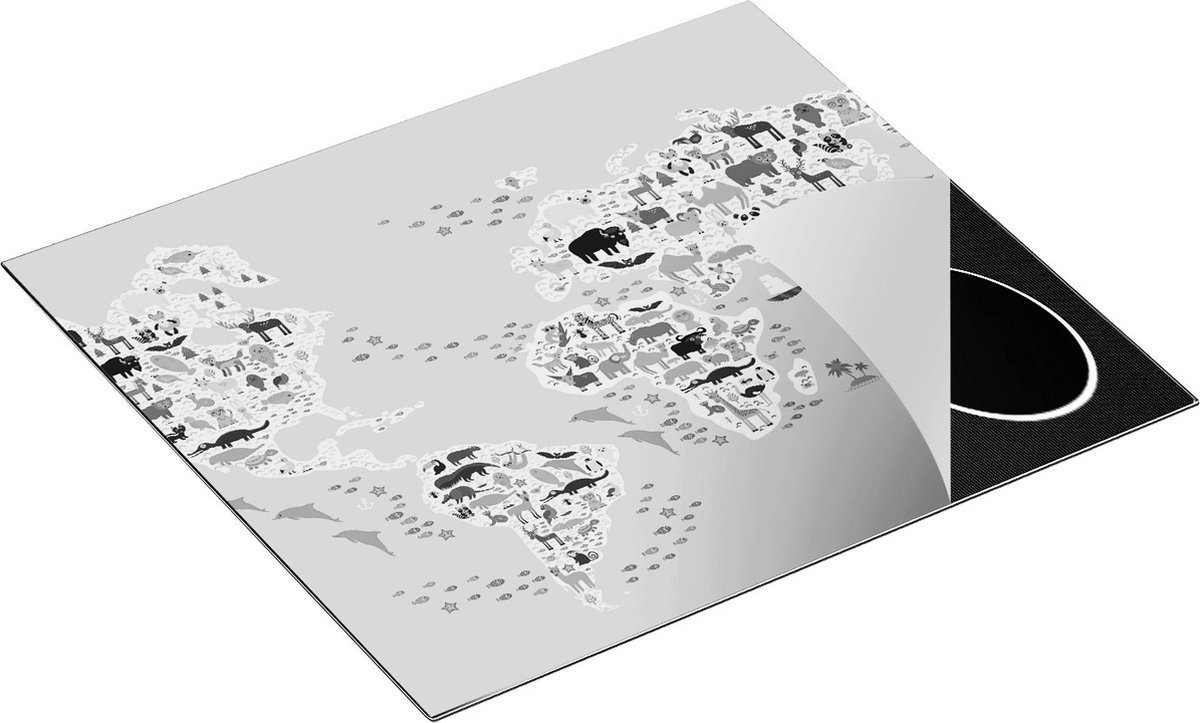 Chefcare Inductie Beschermer Wereldkaart met Dieren - Zwart Wit - 58,3x51,3 cm - Afdekplaat Inductie - Kookplaat Beschermer - Inductie Mat
