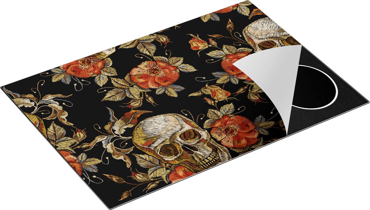 Chefcare Inductie Beschermer Doodshoofden met Bloemen - Schedels - 77x51 cm - Afdekplaat Inductie - Kookplaat Beschermer - Inductie Mat