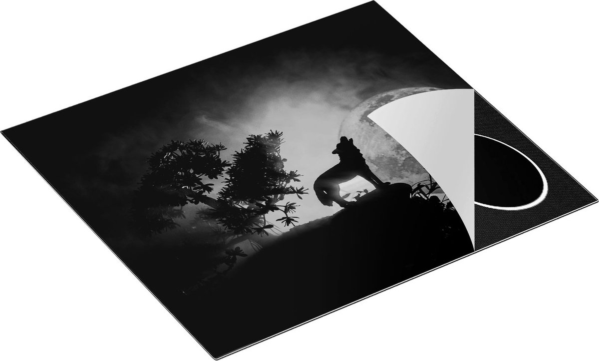 Chefcare Inductie Beschermer Huilende Wolf in Silhouet bij Volle Maan - Zwart Wit - 59x52 cm - Afdekplaat Inductie - Kookplaat Beschermer - Inductie Mat