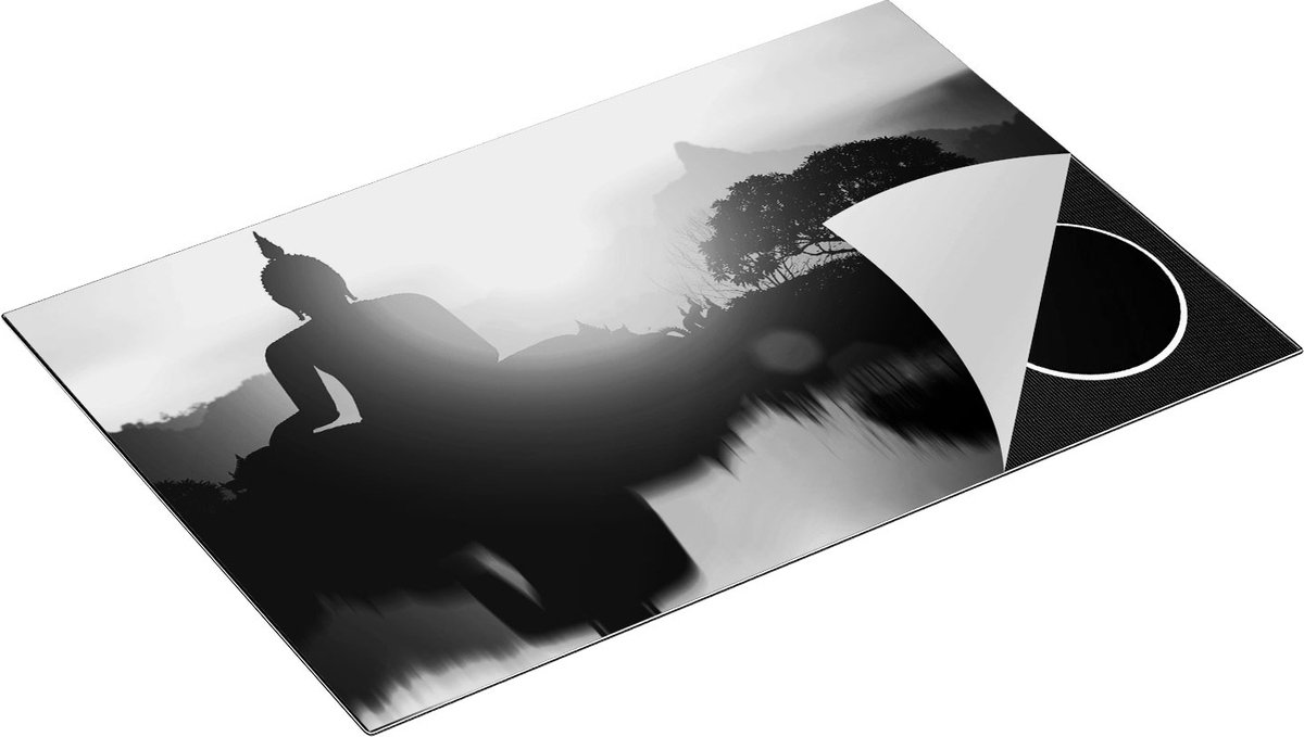 Chefcare Inductie Beschermer Silhouet van Boeddha Beeld met Zonsondergang - Zwart Wit - 78x52 cm - Afdekplaat Inductie - Kookplaat Beschermer - Inductie Mat