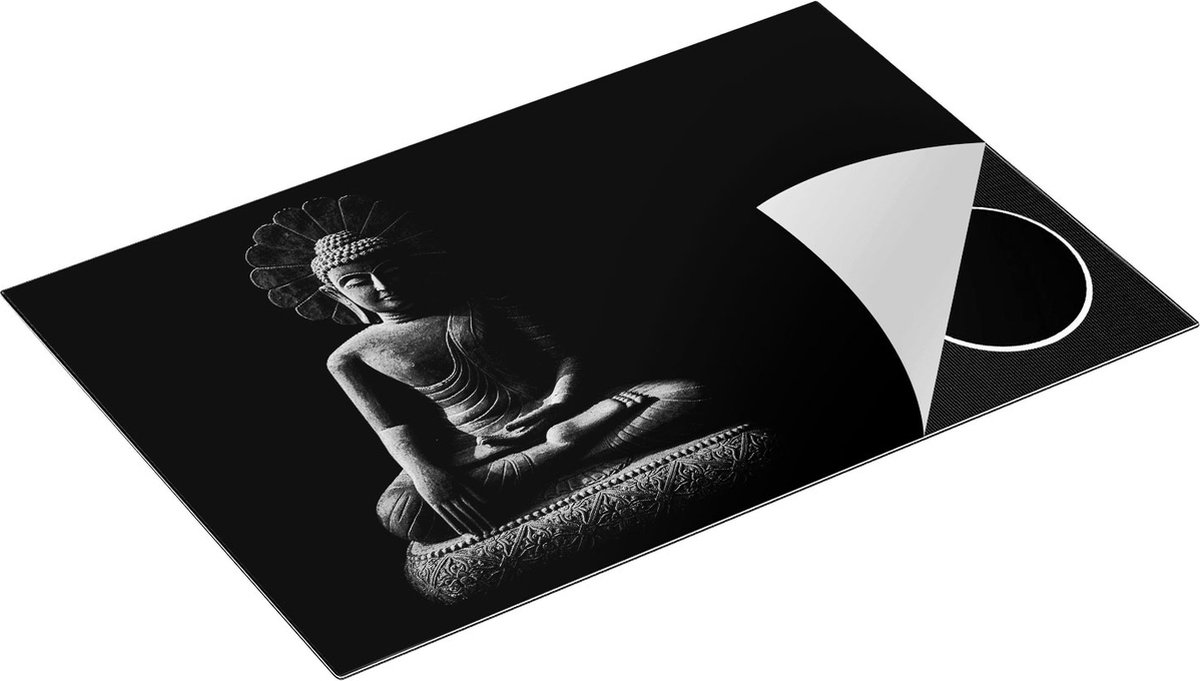 Chefcare Inductie Beschermer Gouden Boeddha Beeld in Meditatie - Zwart Wit - 80x55 cm - Afdekplaat Inductie - Kookplaat Beschermer - Inductie Mat