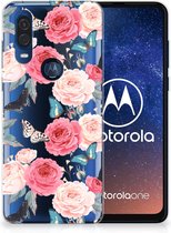 Back Case Motorola One Vision TPU Siliconen Hoesje Butterfly Roses