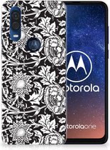 Back Case Motorola One Vision TPU Siliconen Hoesje Black Flowers