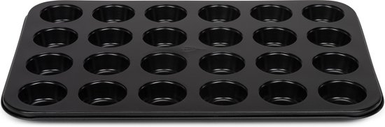 Moule à mini-muffins noir rectangulaire avec 24 cavités rondes, photographié de face.