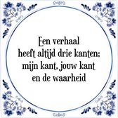 Tegeltje met Spreuk (Tegeltjeswijsheid): Een verhaal heeft altijd drie kanten; mijn kant, jouw kant en de waarheid + Kado verpakking & Plakhanger
