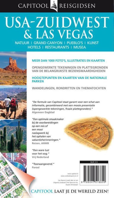 Achterkant boekcover 'USA-ZUIDWEST & LAS VEGAS' met een foto van de Grand Canyon, woestijnlandschap en een afbeelding van een kompas.