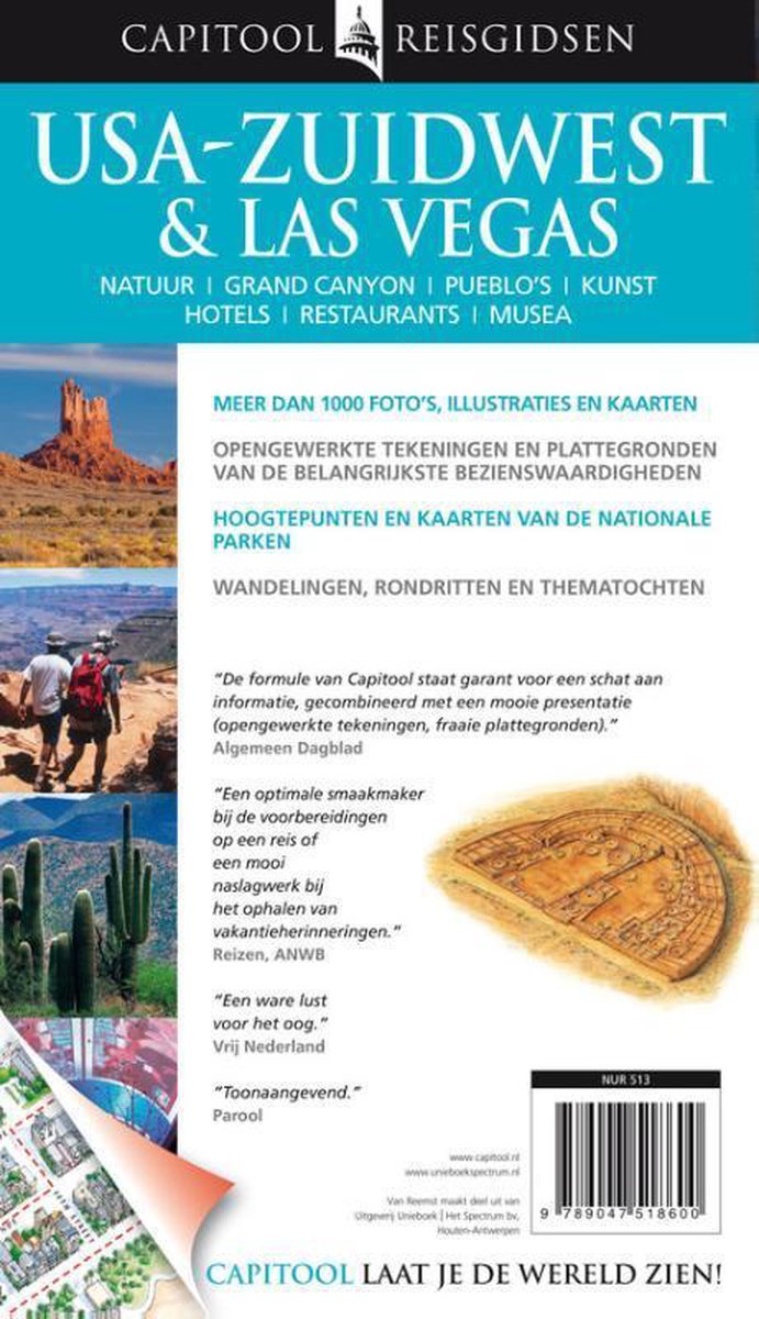Achterkant boekcover 'USA-ZUIDWEST & LAS VEGAS' met een foto van de Grand Canyon, woestijnlandschap en een afbeelding van een kompas.