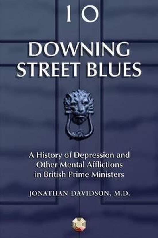 Boekhoes van '10 Downing Street Blues', met de titel en ondertitel op een blauwe deur met een leeuwenkop deurklopper.