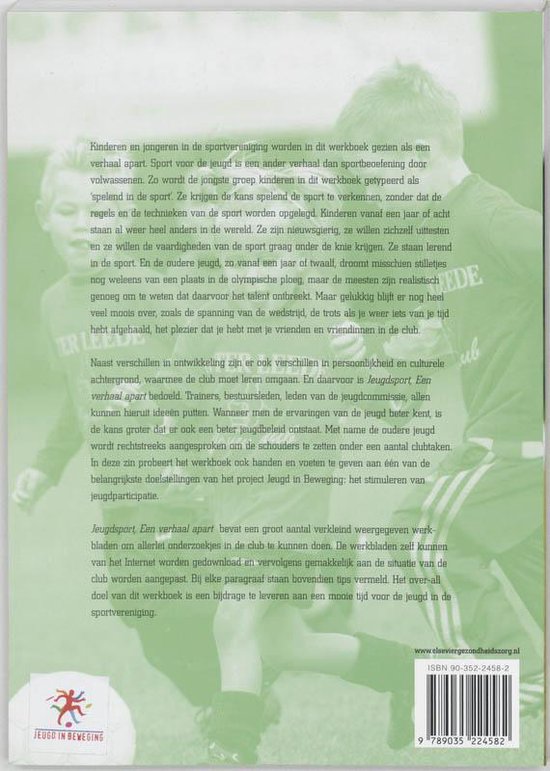 Achterkant van een boek over jeugdsport, met tekst en een streepjescode.