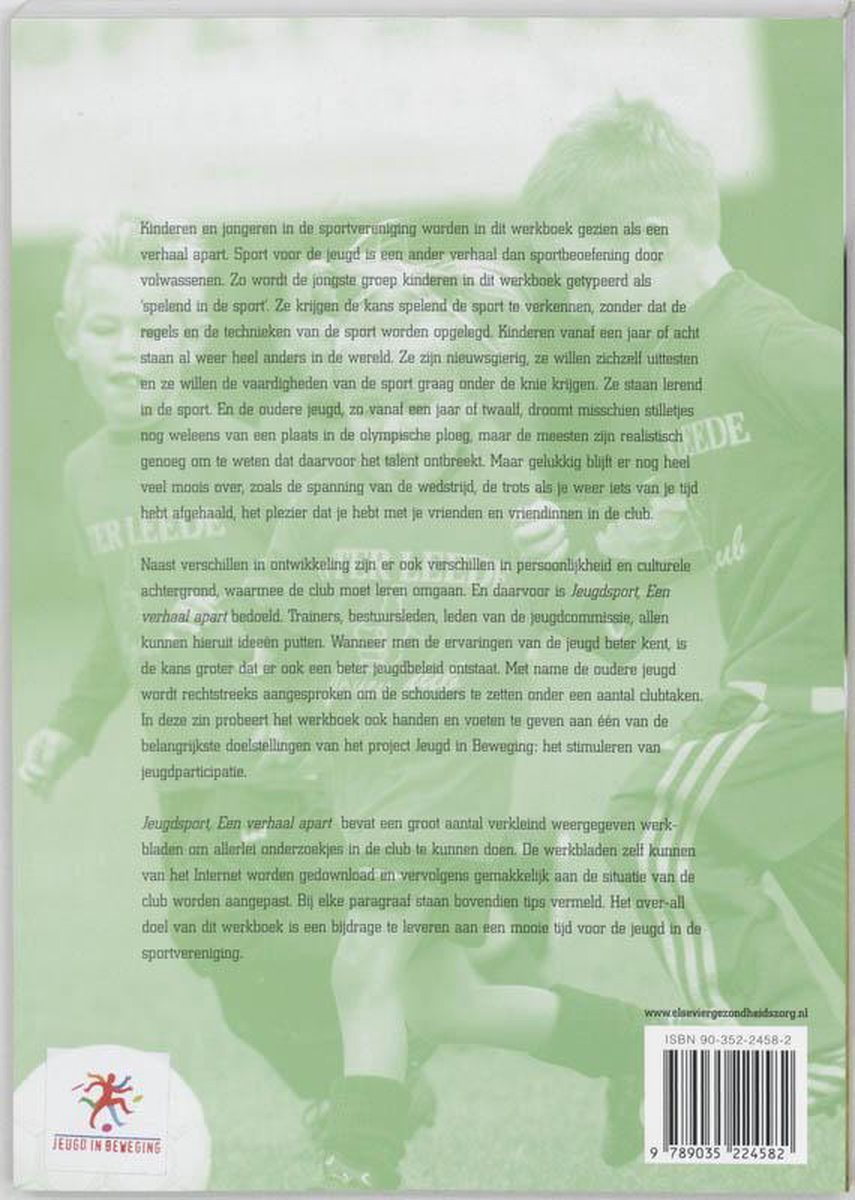 Achterkant van een boek over jeugdsport, met tekst en een streepjescode.