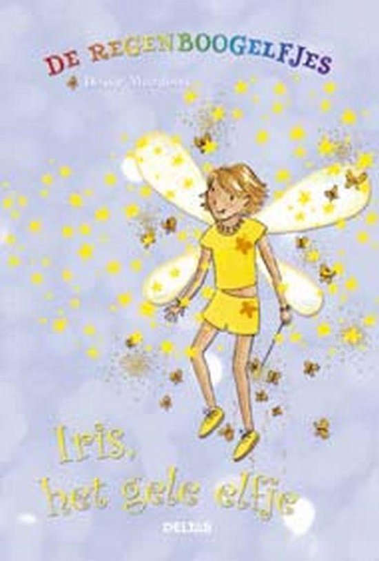 Boekillustratie van Iris, een geel elfje met vleugels en een toverstafje, omringd door gele elfjes.