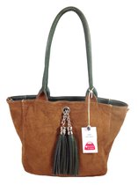 Bags and Tulips Schoudertas Lyn leer/suede groen/cognac 2 kanten draagbaar