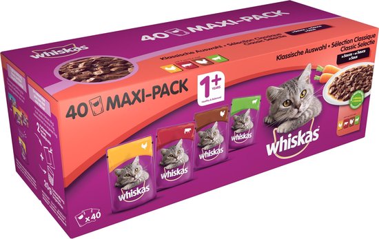 Whiskas 1+ Adult Voordeelpak Maaltijdzakjes - Classic in Saus - Kattenvoer - 40 x 100 g