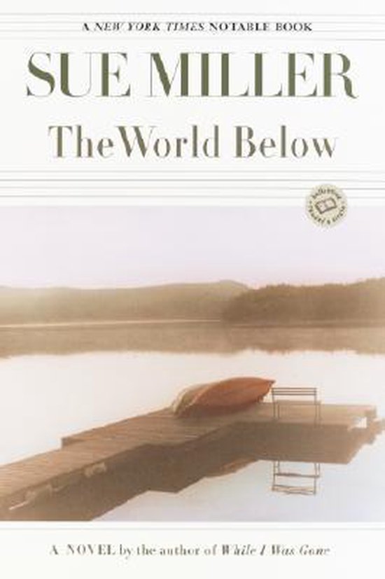Boekomslag van The World Below door Sue Miller met een roeiboot op een houten steiger aan een meer bij zonsondergang.