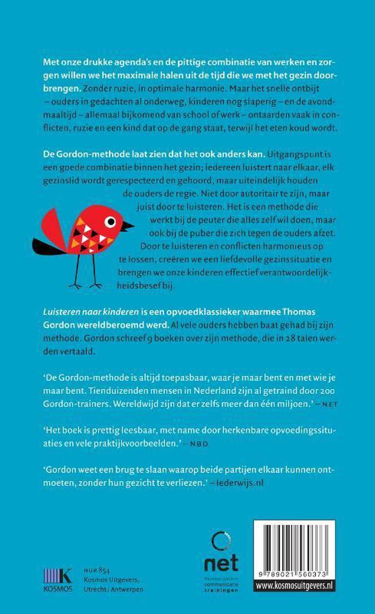 Boek met de titel 'De Gordon Methode Luisteren naar kinderen', met een illustratie van twee vogels.