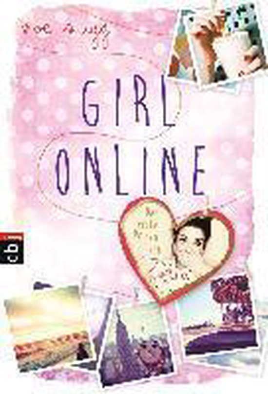 Boek "Girl Online" met roze polka dot achtergrond, hartvormige foto met meisje, en foto's.