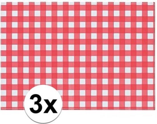 3x Placemat rood/wit geblokt 43 x 30 cm