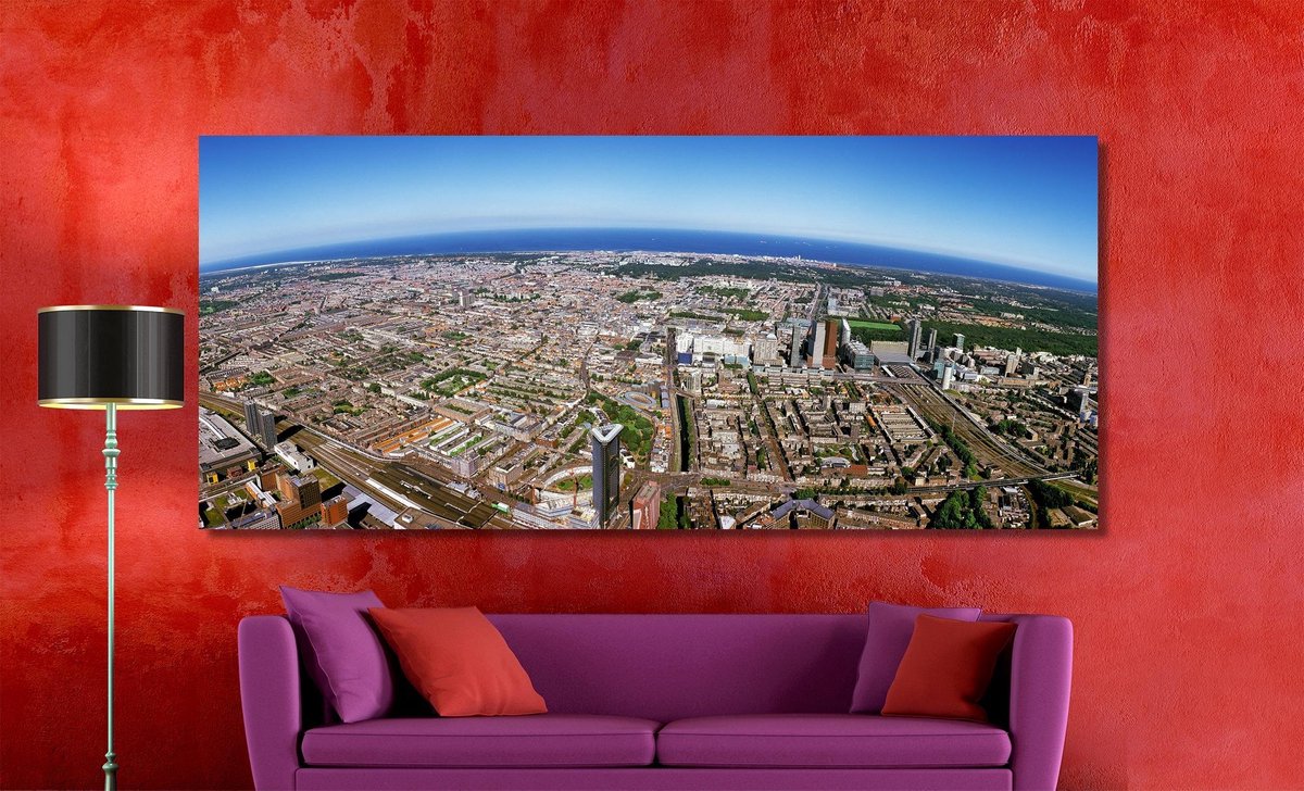 Den Haag in Panorama | 200 x 90 cm | Foto op Canvas | Luchtfoto | Wanddecoratie | Skyline | Bijzonder Gedetailleerd