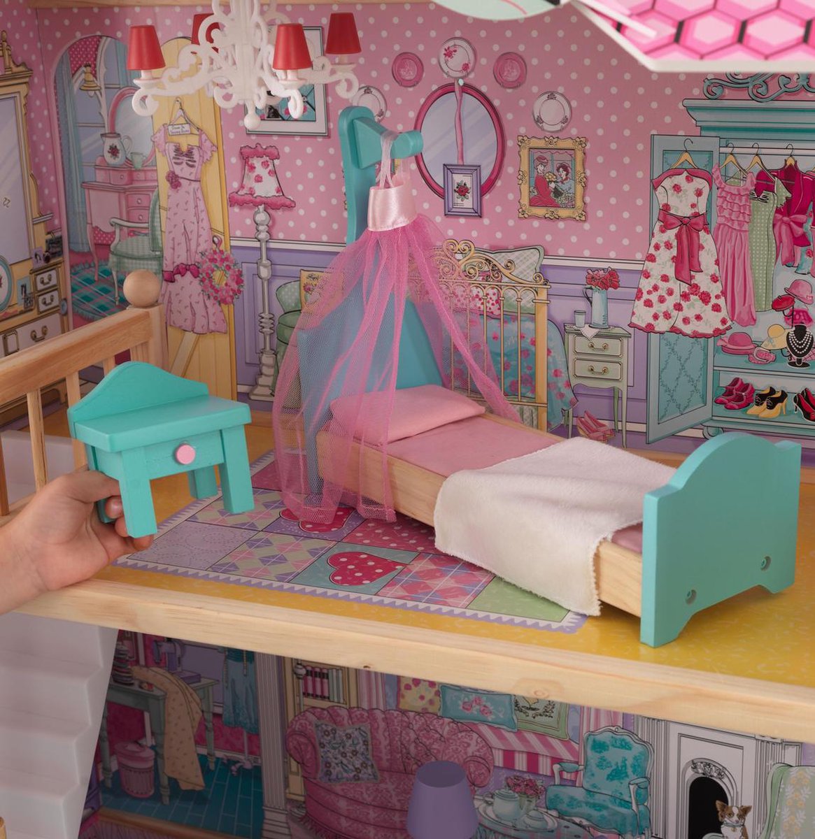 KidKraft Annabelle Poppenhuis – Groot Poppenhuis – Poppenhuis van Hout – 3 Verdiepingen, 5 Kamers & Lift – Inclusief 17 Accessoires – Voor 30 cm Barbies en Soortgelijke Poppen – Vanaf 3 jaar — afbeelding 12
