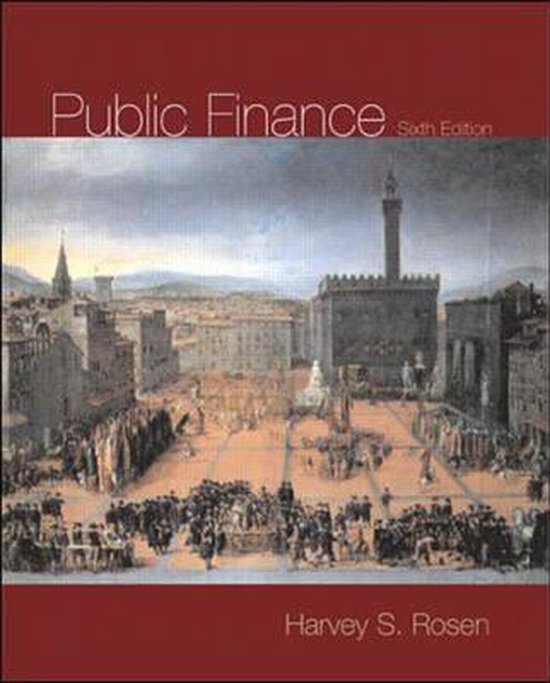 Boekcover 'Public Finance Sixth Edition' met een schilderij van een stadsplein met veel mensen, door Harvey S. Rosen.