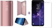 Samsung Galaxy S9 - Lederen Spiegel Wallet Hoesje Roze / Roségoud met Siliconen Houder - Portemonee Hoesje + Glas PET Folie Screen Protector Transparant 0.2mm