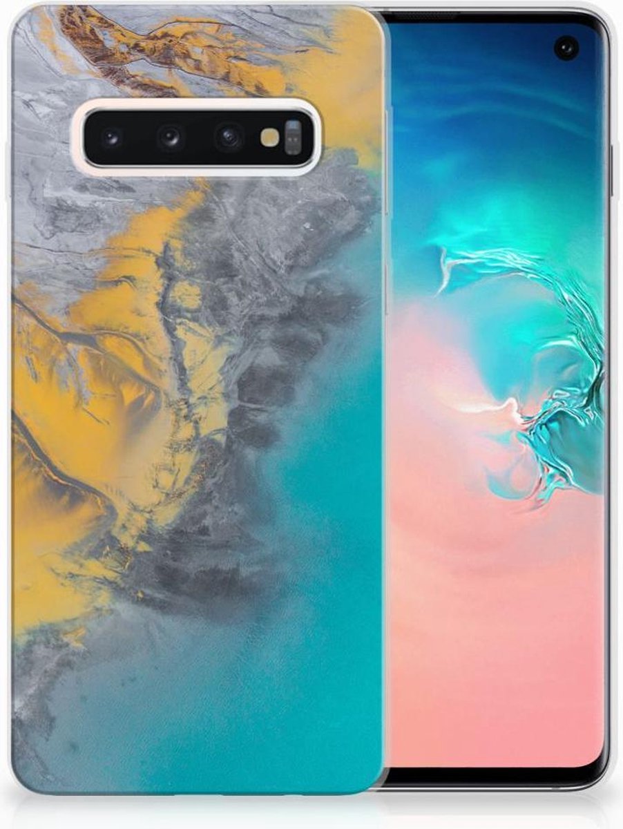 Back Cover voor Samsung Galaxy S10 TPU Siliconen Hoesje Marble Blue Gold