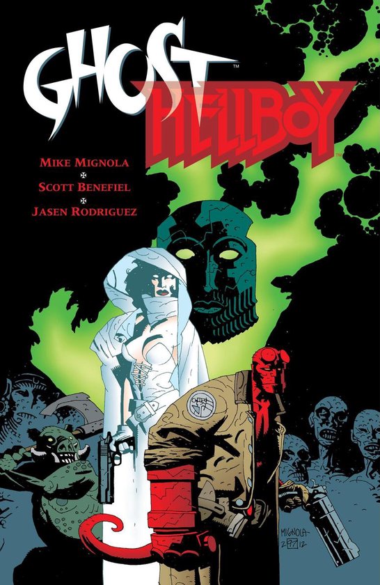 Ghost/Hellboy Special met Hellboy in bruin jack, wit geklede vrouw, groene monster en enge gezichten.