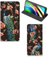 Stand Case Motorola Moto G9 Plus Phone Case Peacock avec Fleurs