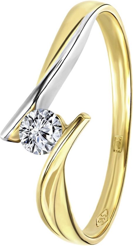 Lucardi Dames Ring met zirkonia - Ring - Cadeau voor vrouwen - 14 Karaat Goud - Geelgoud en Witgoud