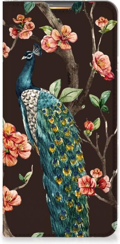 Stand Case Samsung Galaxy M51 Phone Case Peacock avec des Fleurs