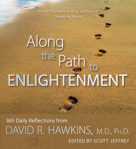 Couverture de livre avec des empreintes de pas sur une plage de sable. Texte : Along the Path to Enlightenment, 365 Daily Reflections from David R. Hawkins, M.D., Ph.D.